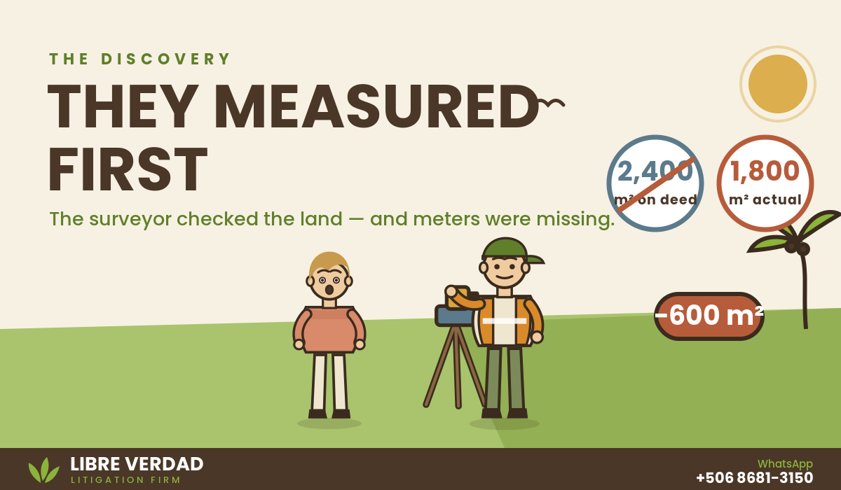 A surveyor measures the lot before construction: 1,800 m² actual versus 2,400 m² on the deed, 600 m² missing.