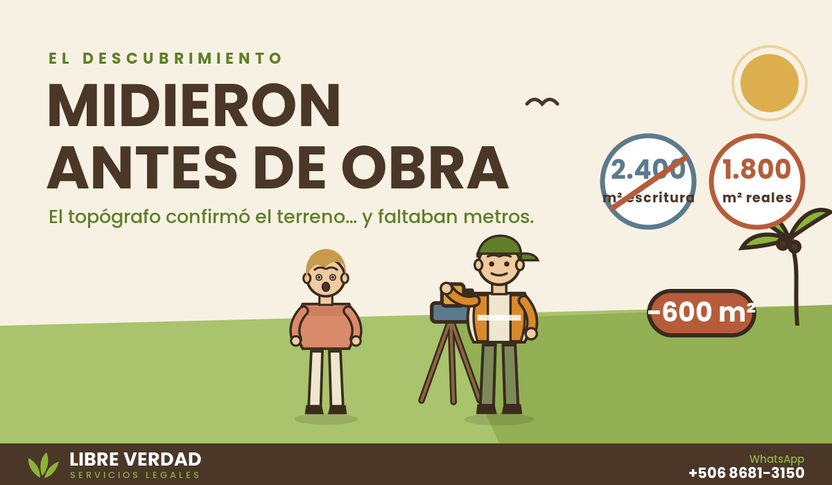 A surveyor measures the lot before construction: 1,800 m² actual versus 2,400 m² on the deed, 600 m² missing.