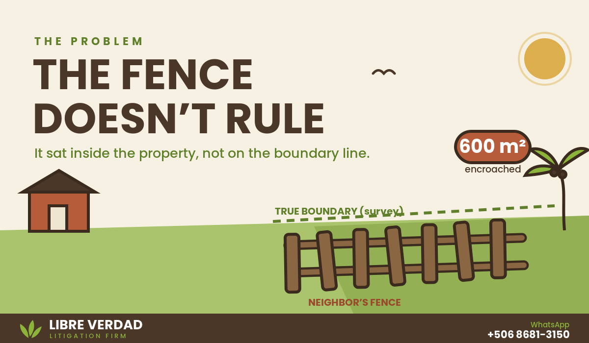 The neighbor's fence built inside the property, not on the true boundary marked on the survey plan.